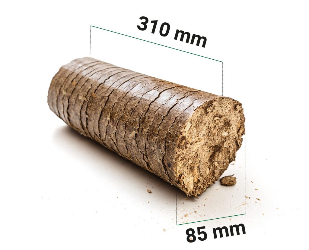 Visuel d'une bûche de bois compressée proposée par l'entreprise ATOUT FLAMME par conditionement en palette, livrée dans unr ayon de 40 km autour de Saverne