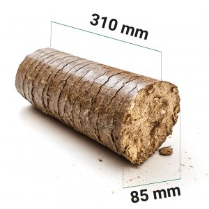 Visuel d'une bûche de bois compressée proposée par l'entreprise ATOUT FLAMME par conditionement en palette, livrée dans unr ayon de 40 km autour de Saverne